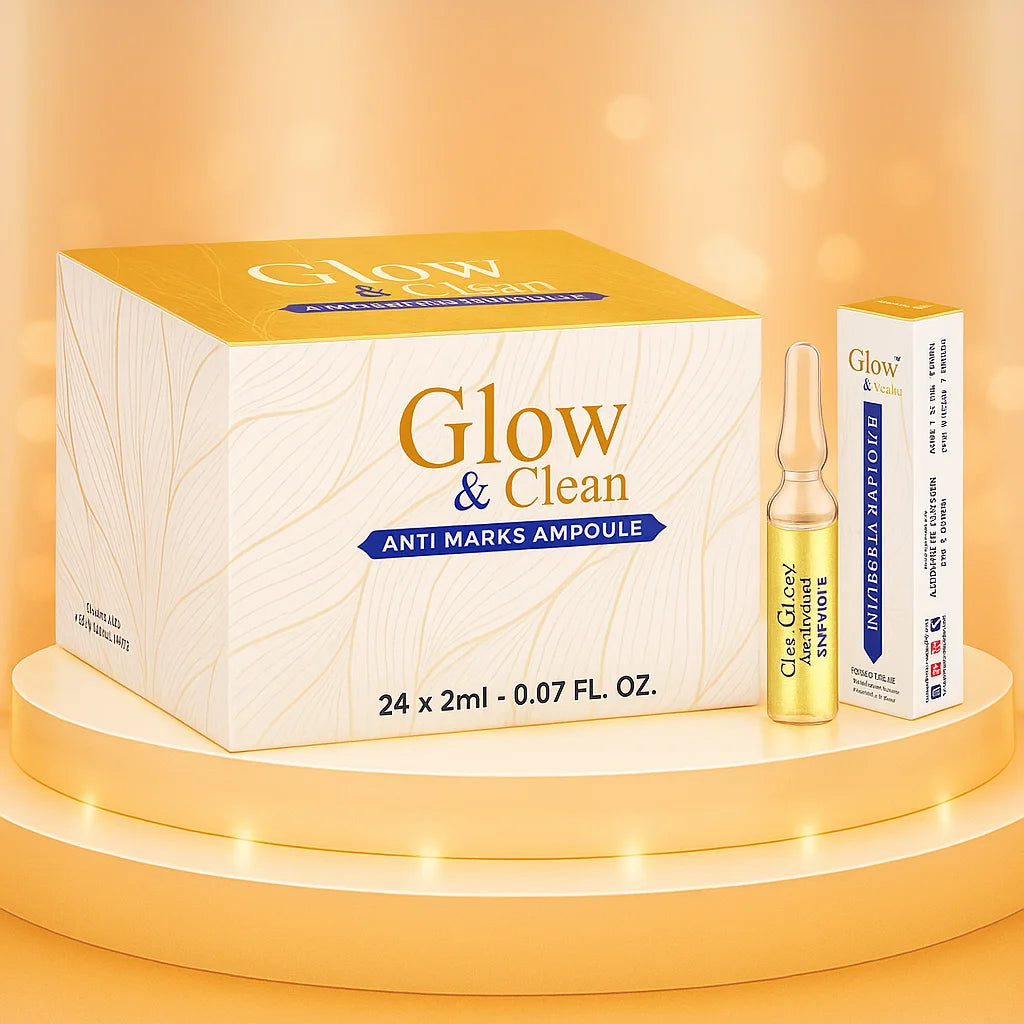 Glow & Clean Anti Marks Ampoule box with vials, promoting clear and radiant skin.