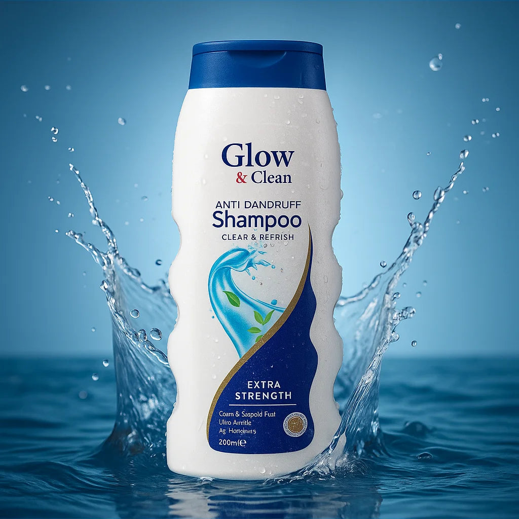 Glow & Clean Anti Dandruff Shampoo 200ml bottle surrounded by water, promoting clear and refreshed hair.