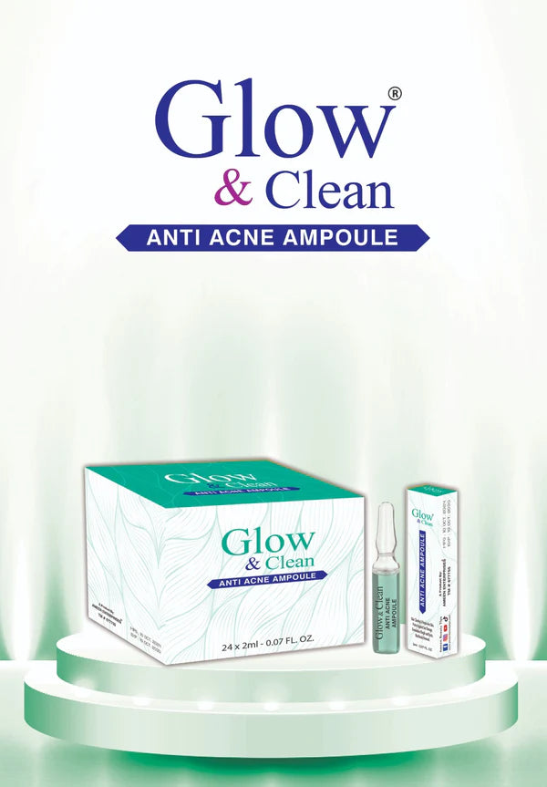 Glow & Clean Anti Acne Ampoule packaging with clear skin benefits displayed.