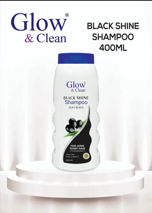 Glow & Clean Black Shine Shampoo 400ml bottle on display for shiny, healthy hair.