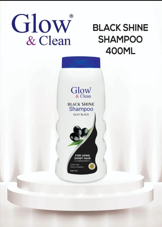 Glow & Clean Black Shine Shampoo 400ml bottle on display for shiny, healthy hair.