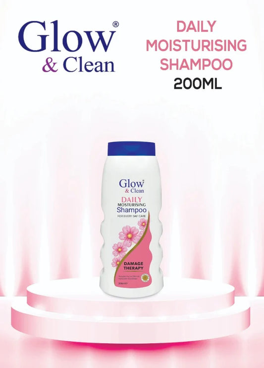 Glow & Clean Daily Moisturising Shampoo 200ml bottle on display, promoting hydration and damage therapy.