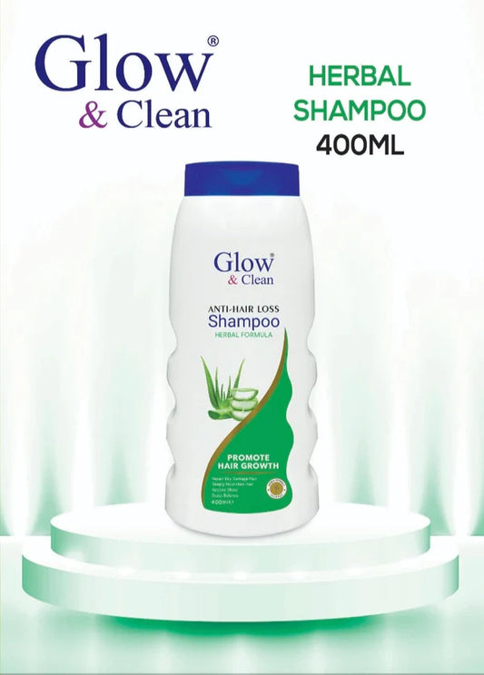 Glow & Clean Anti Hair Loss Shampoo 400ml bottle with herbal formula for promoting hair growth.