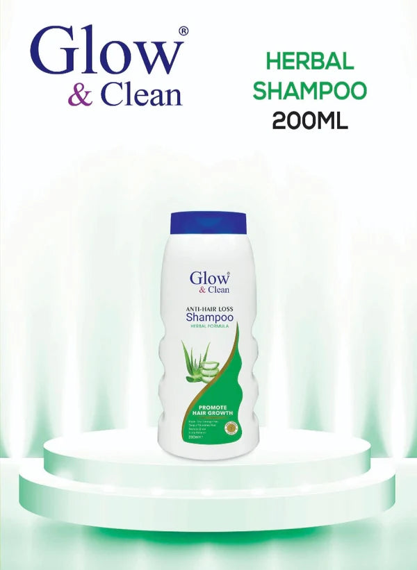 Glow & Clean Anti Hair Fall Herbal Shampoo 200ml on a display podium, promoting hair growth and strong, healthy hair.