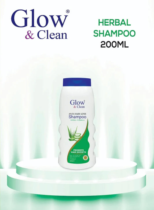 Glow & Clean Anti Hair Fall Herbal Shampoo 200ml on a display podium, promoting hair growth and strong, healthy hair.