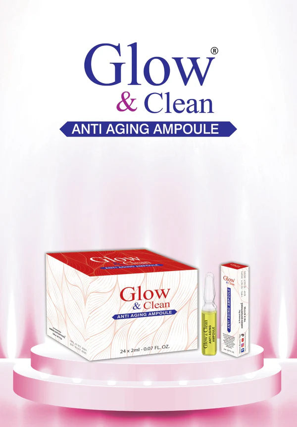 Glow & Clean Anti Aging Ampoule packaging showcasing 24 ampoules for youthful, radiant skin.